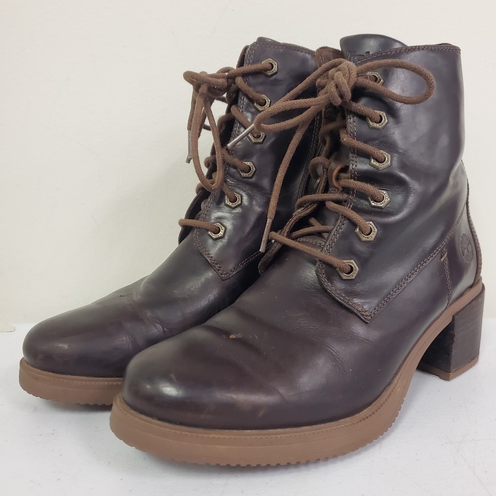 Timberland Womens Sienna Leather Lace Up Chunky Heel Boots Size 8 Brown Outdoors